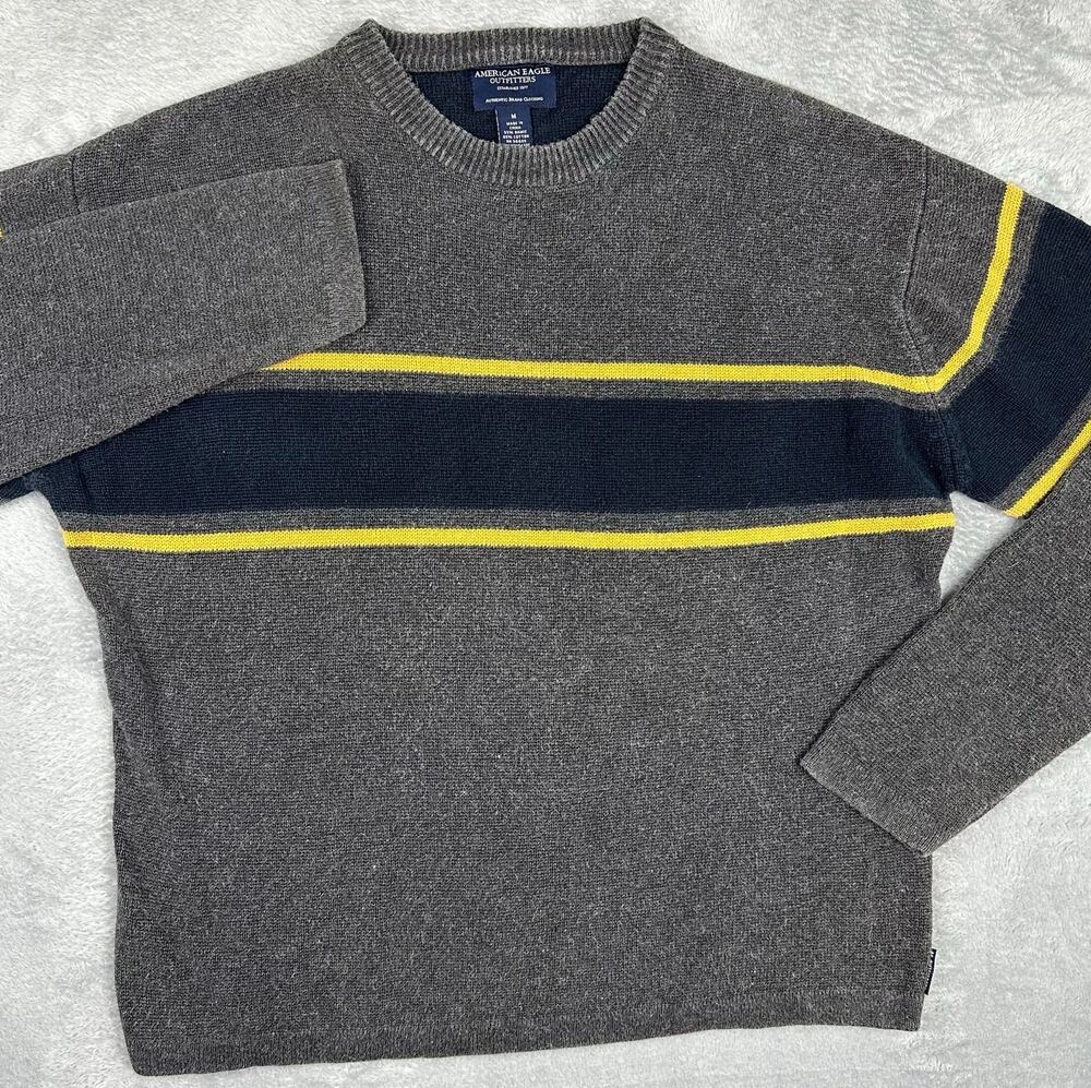 Vintage 90s American Eagle Mens M Crewneck Striped Knit Sweater Gray Ramie